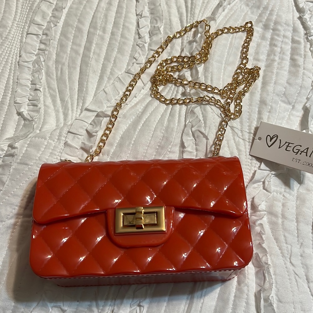 Vegan Women’s Purse Crossbody Orange With Gold Chain Quilted 7X4 Inches